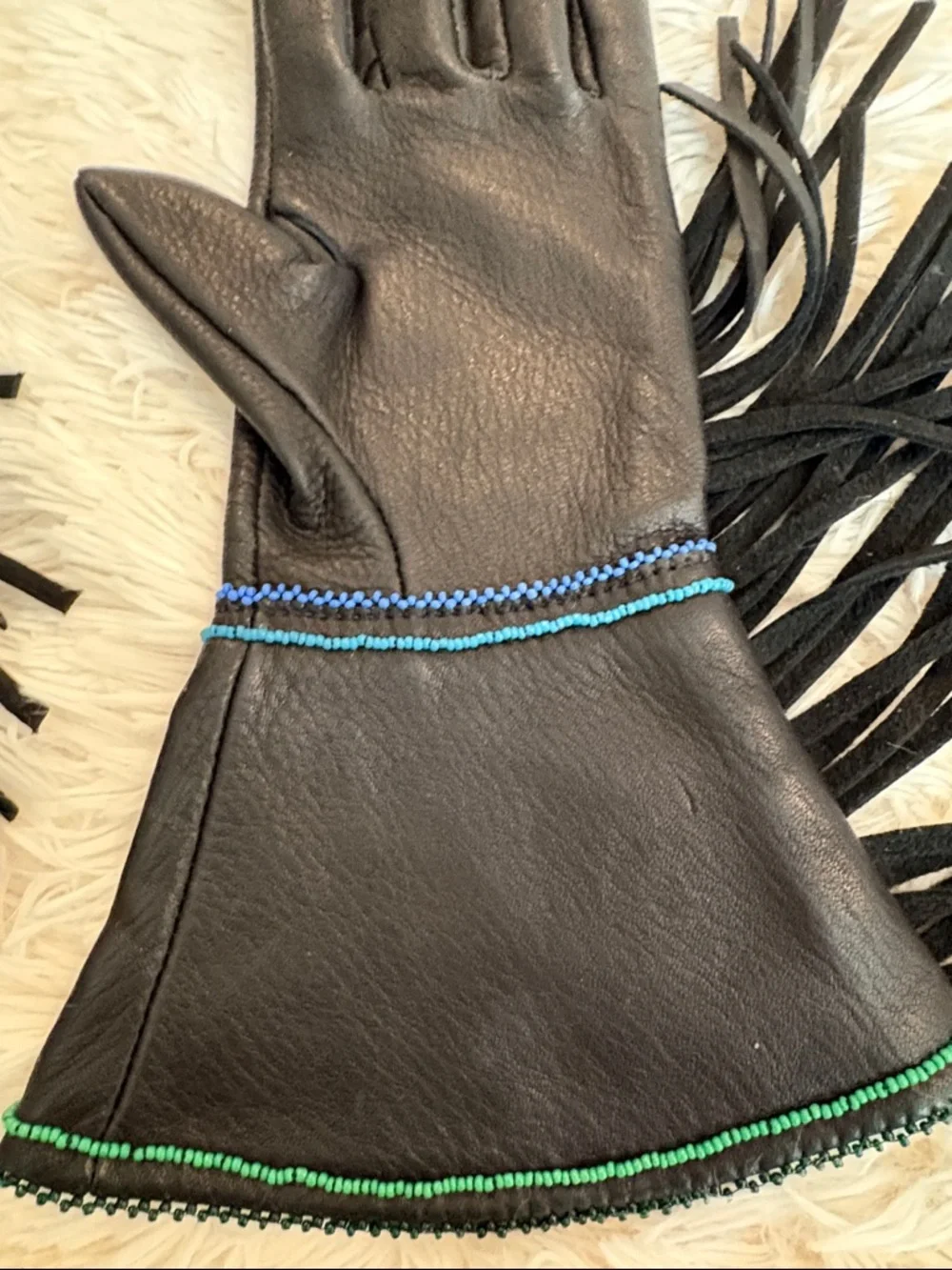 Fringed Black Leather Gloves with hand beaded Detail. Never worn.